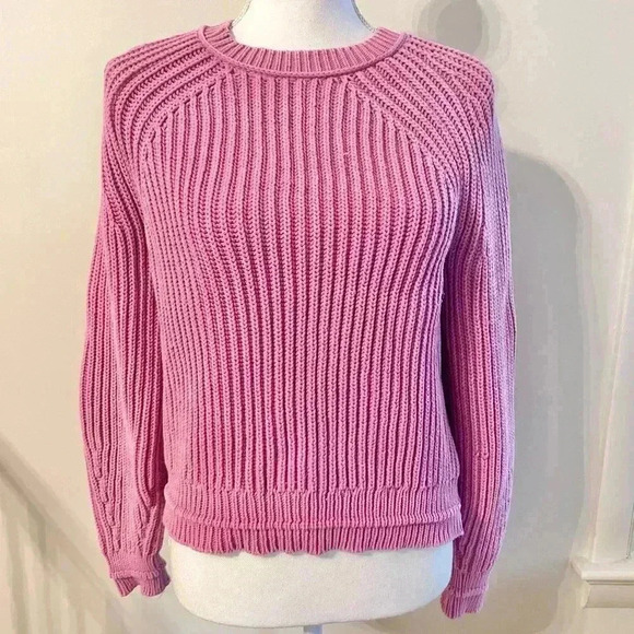 J. Crew Reimagined Garment-Washed Fuchsia Ribbed Crewneck  Sweater - Picture 2 of 7
